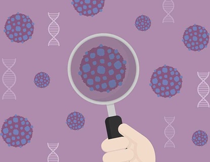 An illustration of a hand with a magnifying glass placed over a molecule against a purple background.