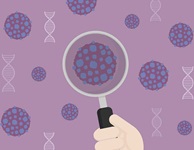 An illustration of a hand with a magnifying glass placed over a molecule against a purple background.
