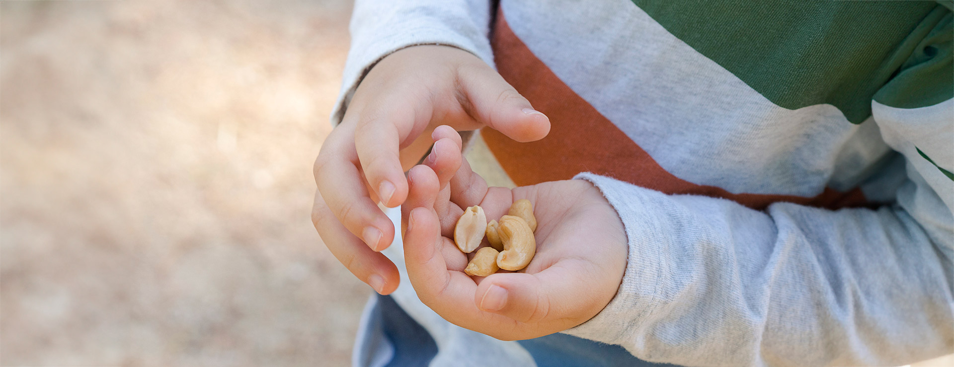 A small child's hands holding peanuts