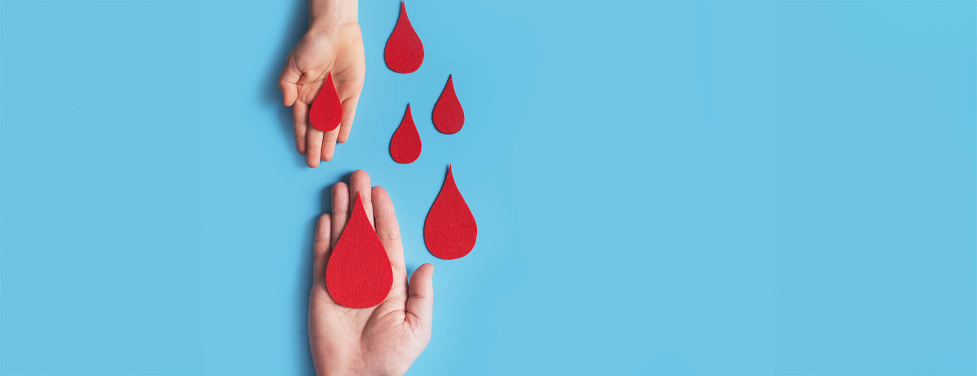 hands reaching out for red paper cutouts signifying drops of blood