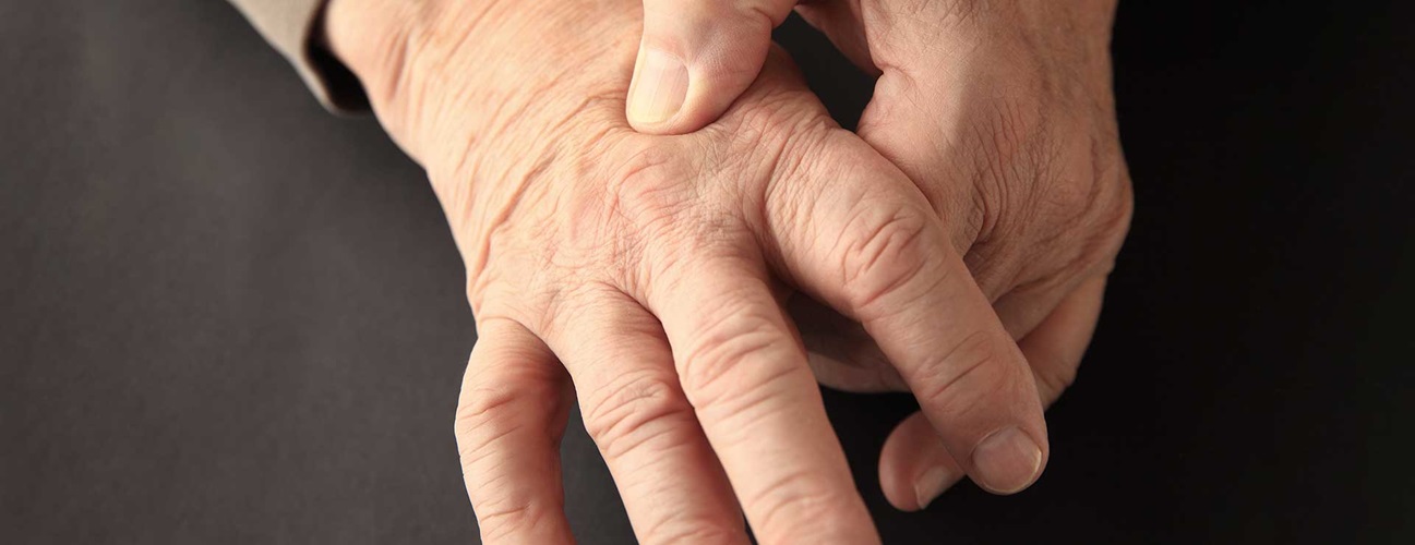 Close-up of elderly person's hands.