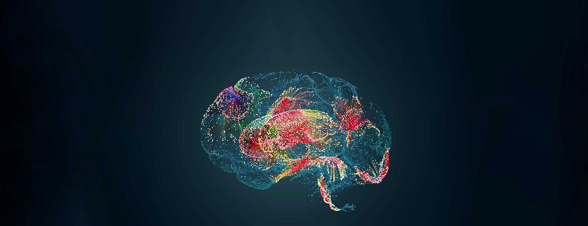 Digital illustration of dots connected by link in the shape of a brain made up of multiple colors.