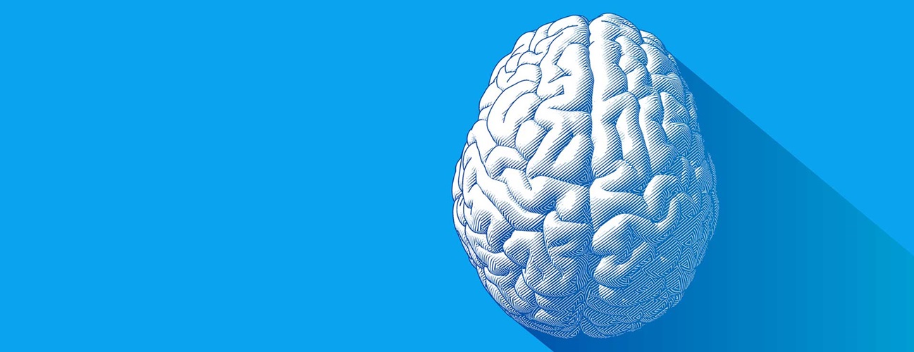 White illustration of a brain against a bright blue background.