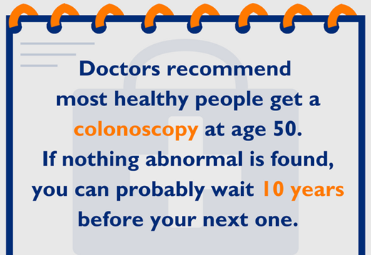 Doctors recommend most healthy people get a colonoscopy at age 50. If nothing abnormal is found, you can probably wait 10 years before your next one.
