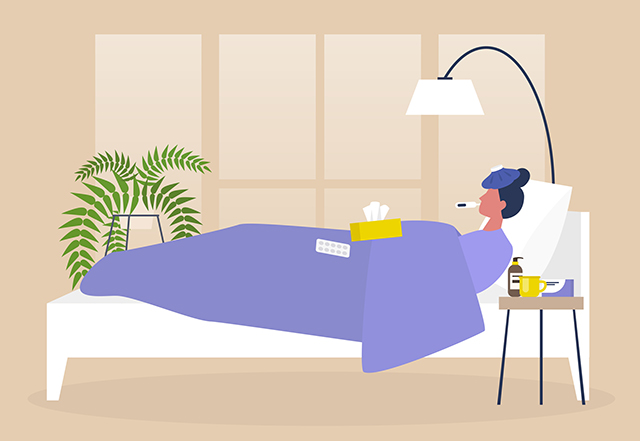 covid family safety - illustration of woman in bed sick with fever