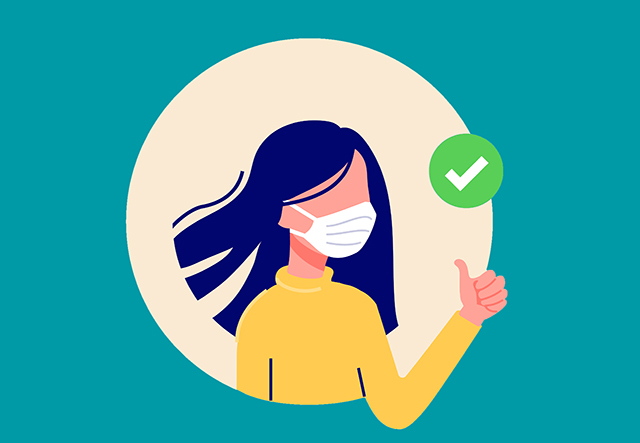 covid19 family safety - illustration of woman wearing a mask with thumbs up