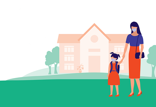 covid safety family - illustration of mother and daughter outside of school wearing masks