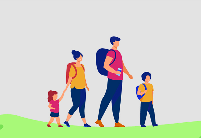 covid19 - illustration of family hiking