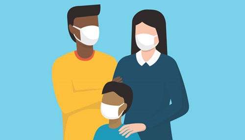 graphic of a family wearing protective masks