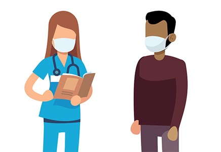 An illustration of a doctor and patient wearing masks
