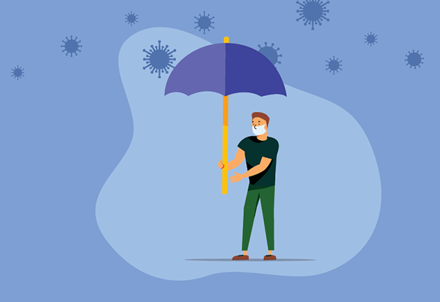 An illustration of a masked man holding an umbrella, protecting himself from virus cells floating above him.