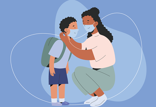 An illustration of an African American woman adjusting her son's face mask.