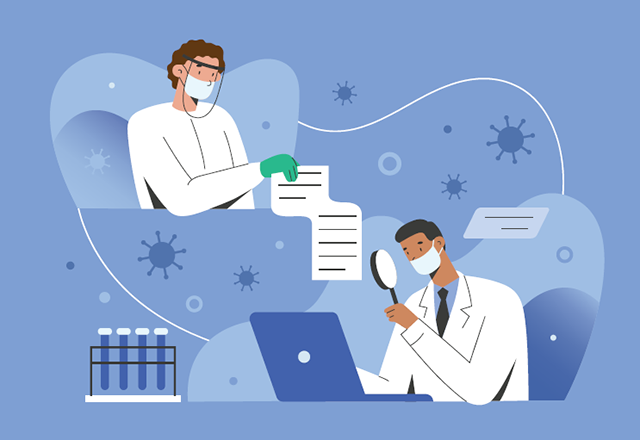 An illustration of two researchers wearing masks, examining data.