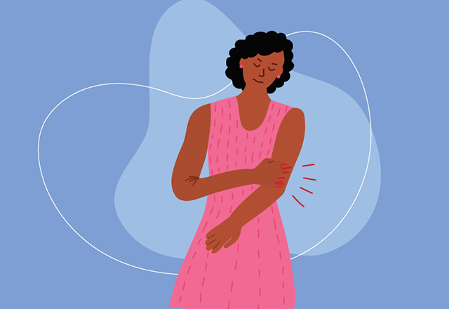 An illustration of a woman holding her arm in mild discomfort.