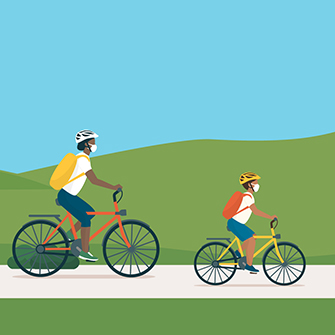 Illustration of two people riding bicycles.