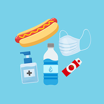 Illustrations of hot dogs, water bottles, masks, and hand sanitizer.