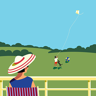 Illustration of a woman watching a child fly a kite from a distance.