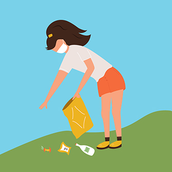 Illustration of a woman wearing a mask and picking up trash outside.