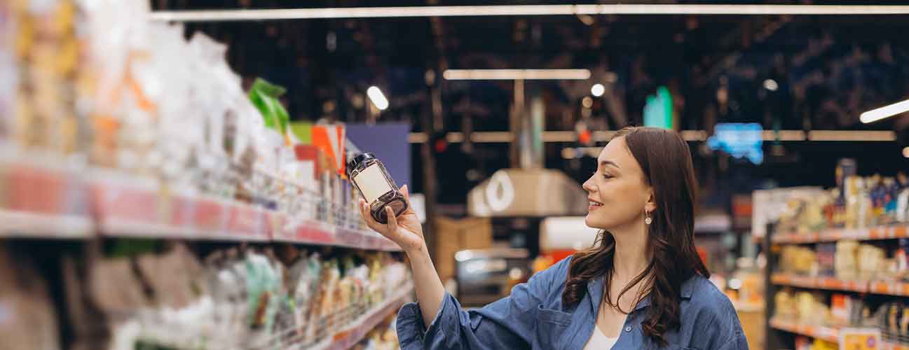 Woman reads a label in a grocery aisle