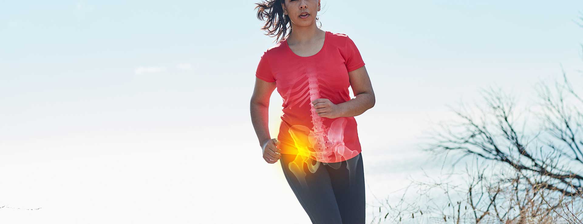 Jogger running outside with x-ray overlay over hip.