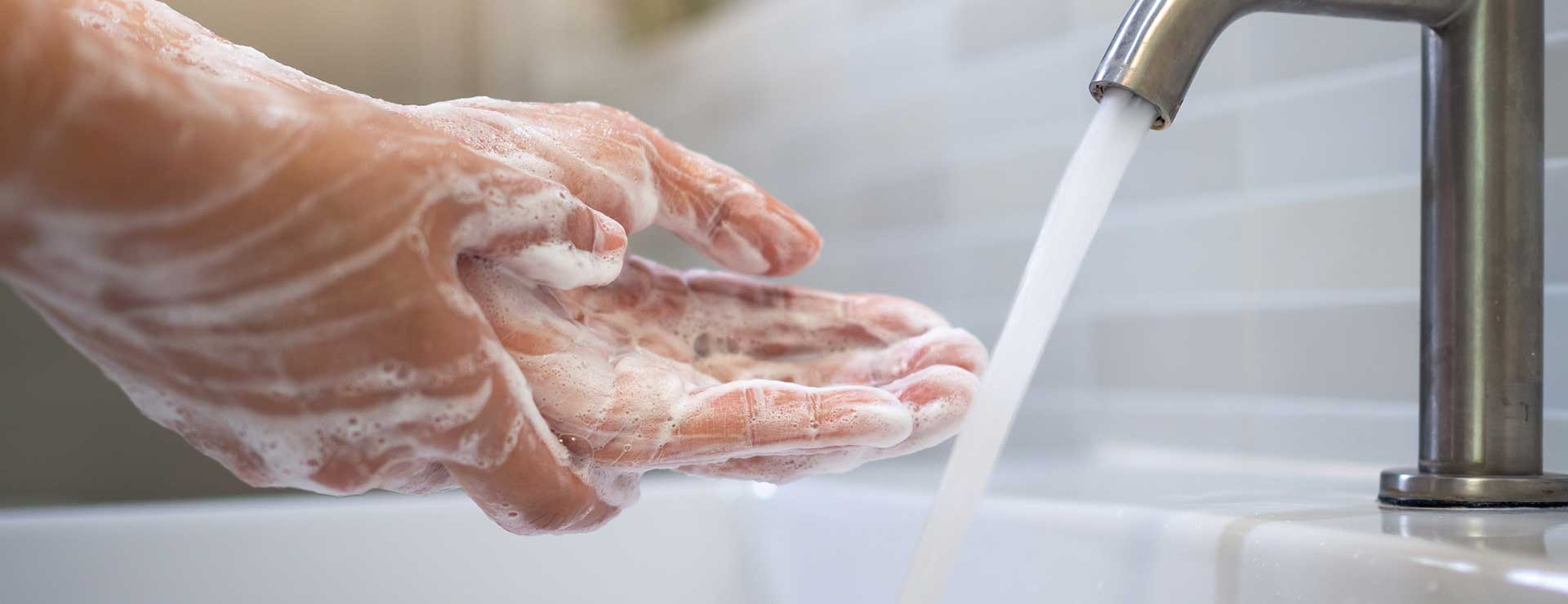 A person's soapy hands under a faucet with running water
