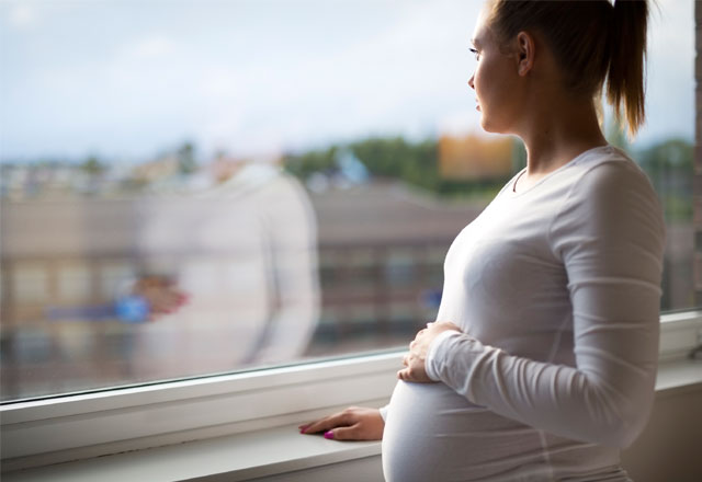 Pregnant woman looking out the window