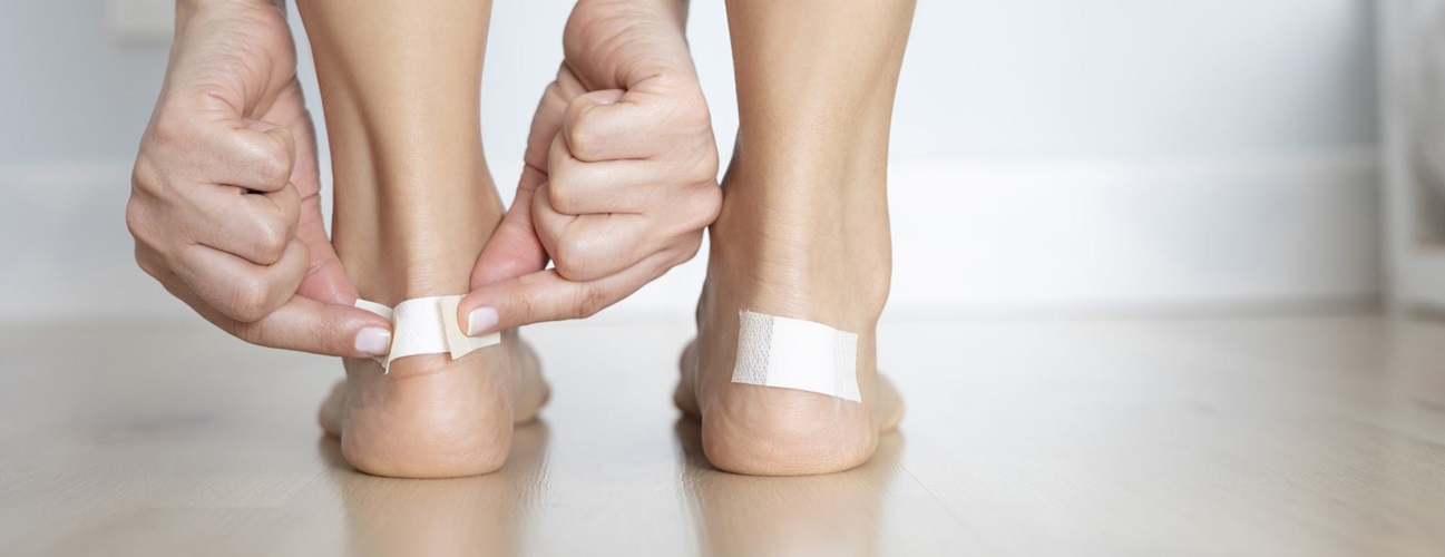 Putting bandages on ankle blisters