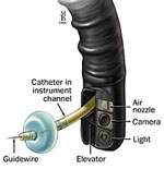 Components of an endoscope: catheter, air nozzle, camera and light