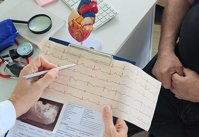 A doctor points at a heart rate graph on a clipboard with a pen, while a patient listens attentively. A heart model and medical tools are on the desk.