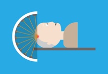 Illustration of a person wearing the head frame that focuses ultrasound waves.