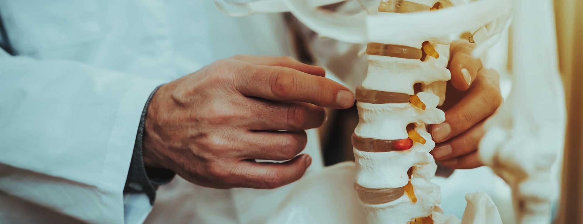 Doctor pointing to the lumber spine model.