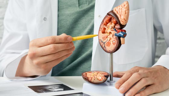 Doctor pointing to a diagram of a kidney