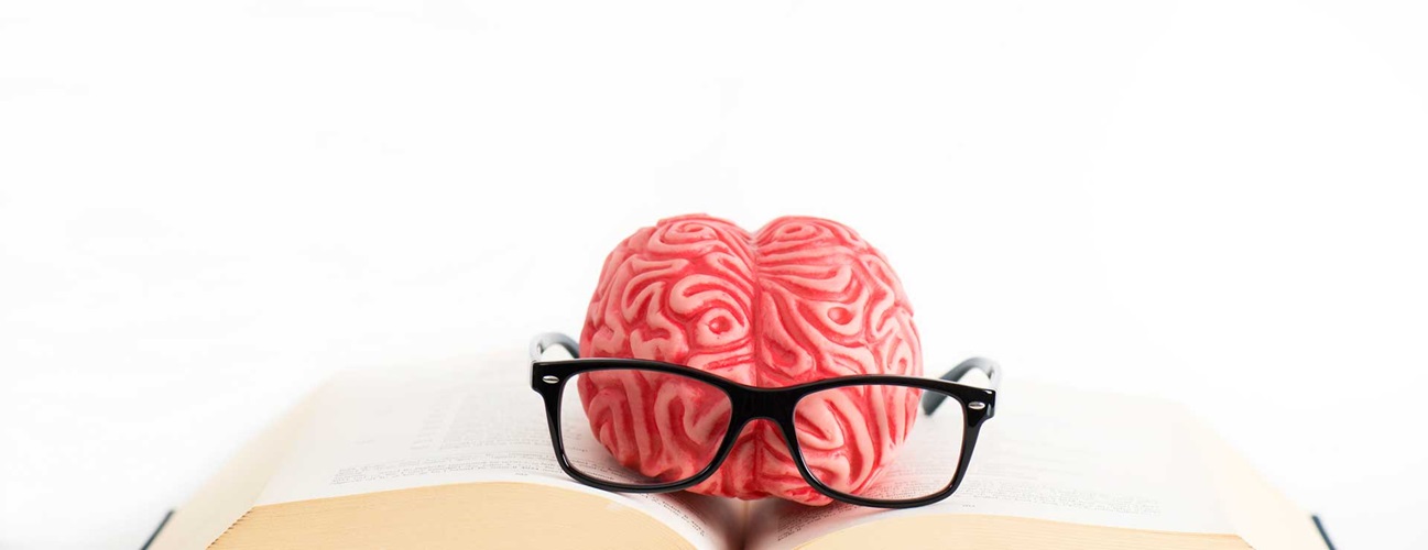 A model of a brain with glasses sitting on top of an open book