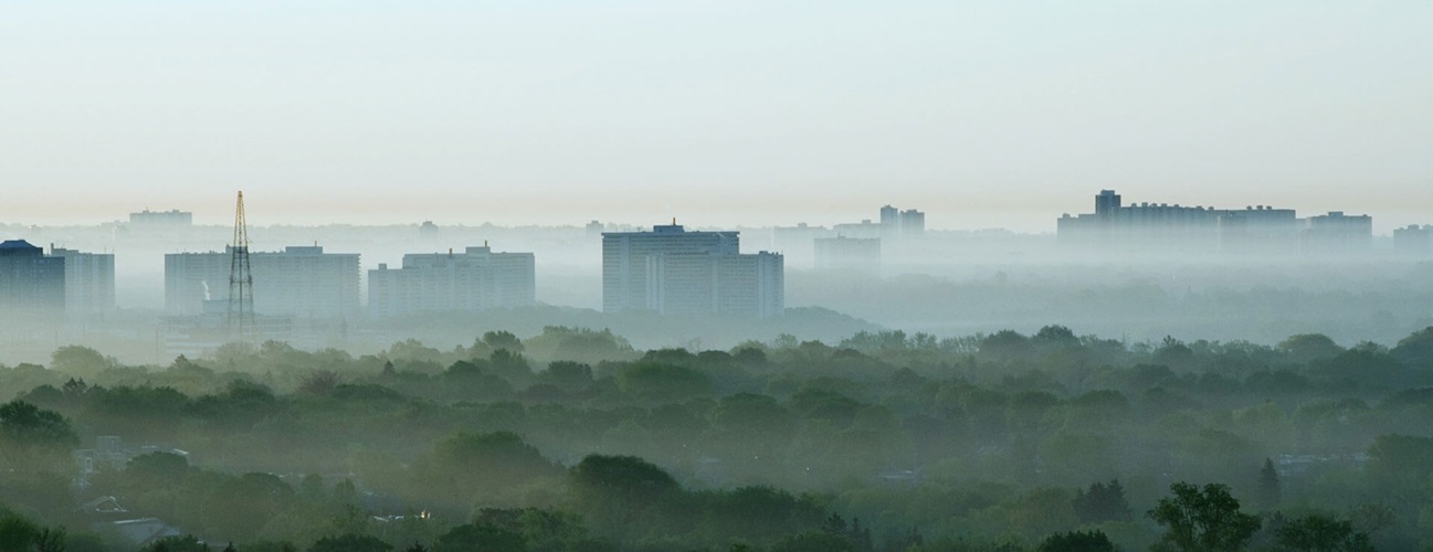 Fog sits over a woods and city