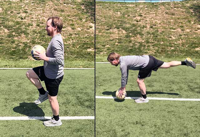 Two images of Jimmy performing the Romanian deadlift, side by side. The image on the left shows the starting position and the image on the right shows the ending position.
