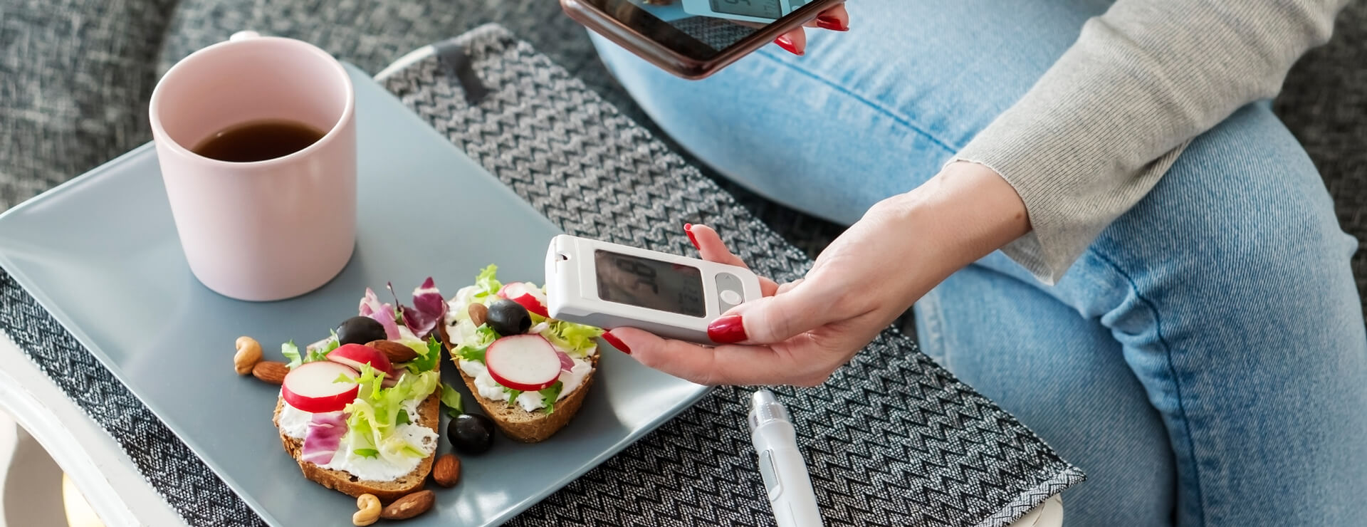 Adult diabetic woman having breakfast at home