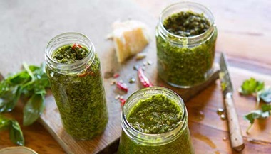 Jars of broccoli pesto sauce