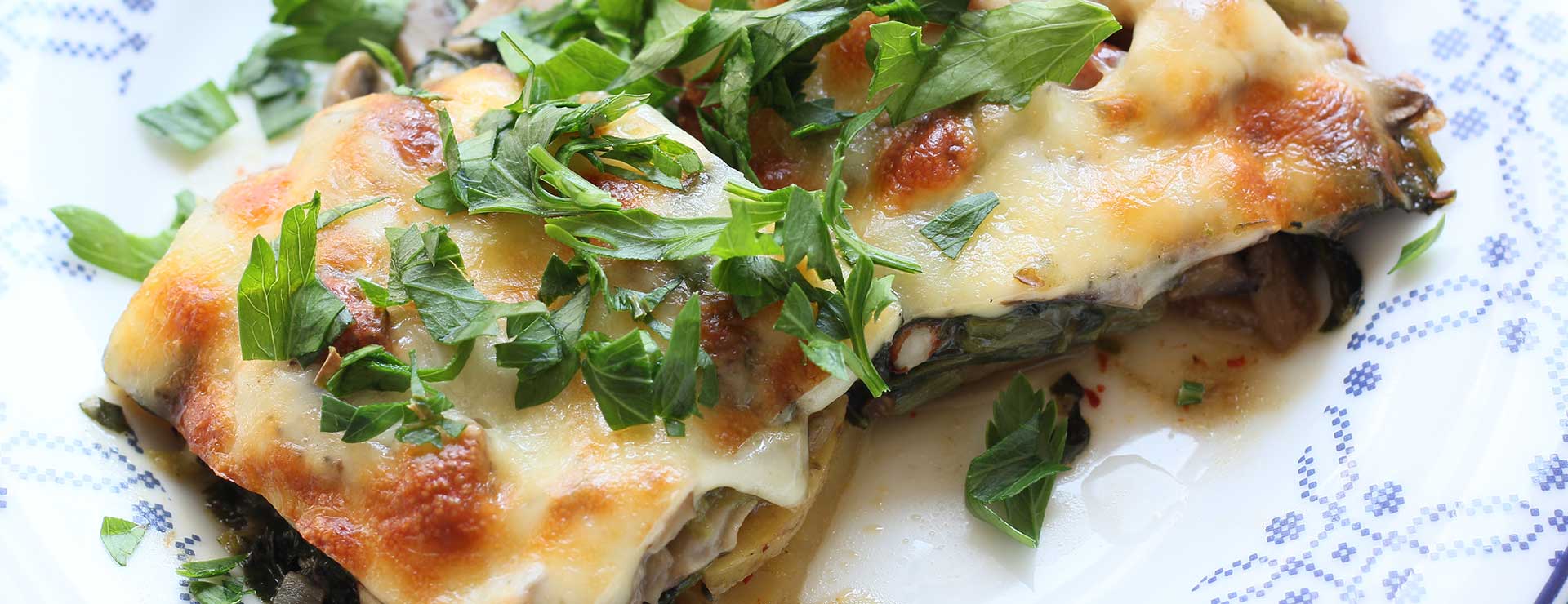 A dish of vegetable lasagna.