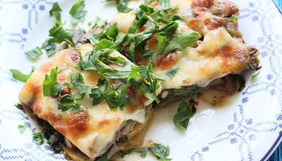 A dish of vegetable lasagna.
