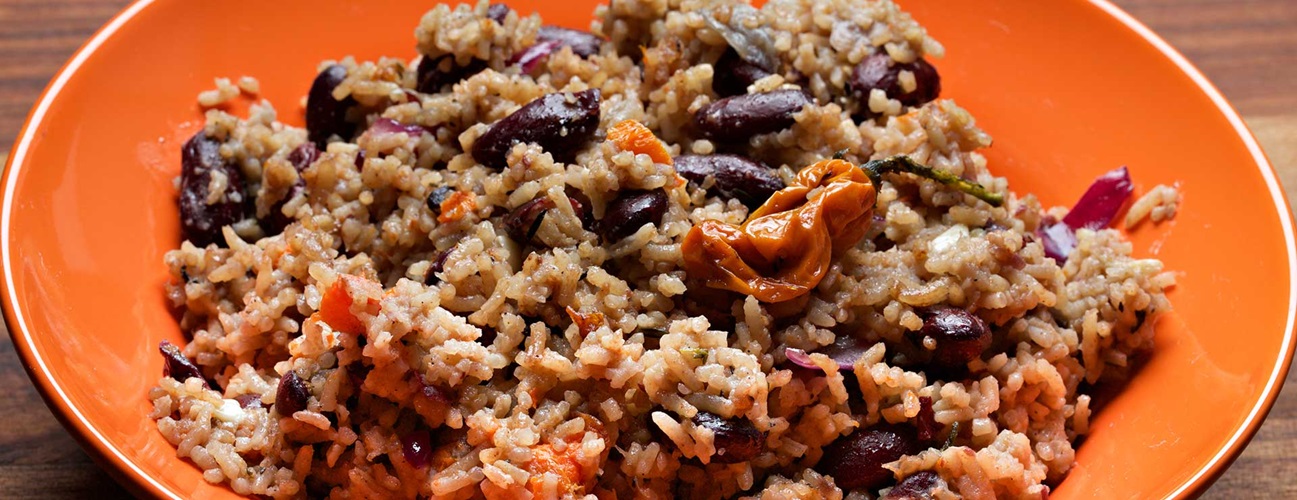 A bowl of rice and beans.
