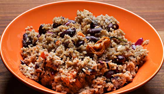 A bowl of rice and beans.