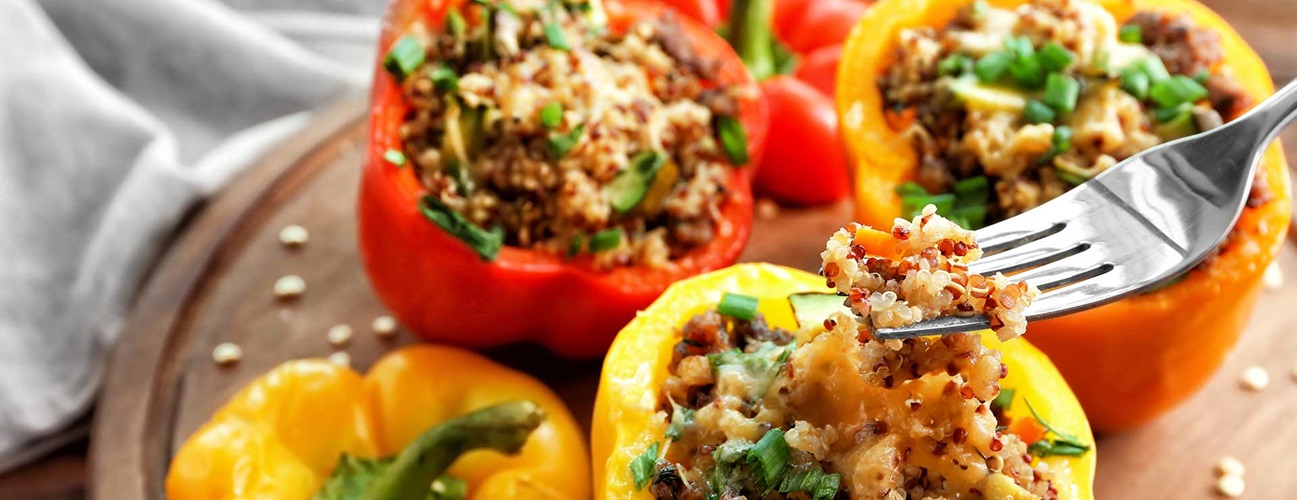 A tray of stuffed peppers.