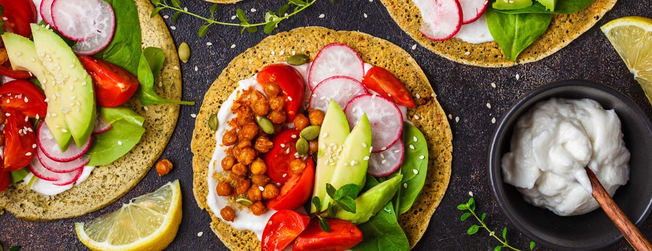 A spread of vegan tacos with chickpeas
