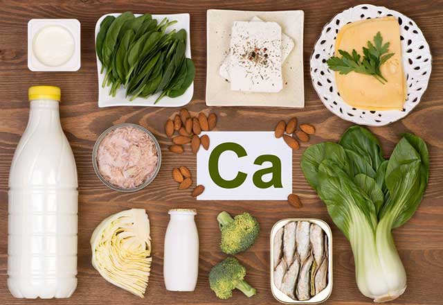 A collection of calcium-rich foods on a table.