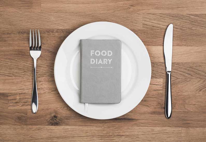 A food diary sits on an empty plate.