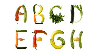 Letters of the alphabet formed by vegetables.