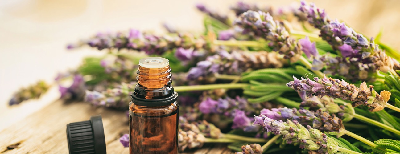 a bunch of lavender with an essential oil bottle