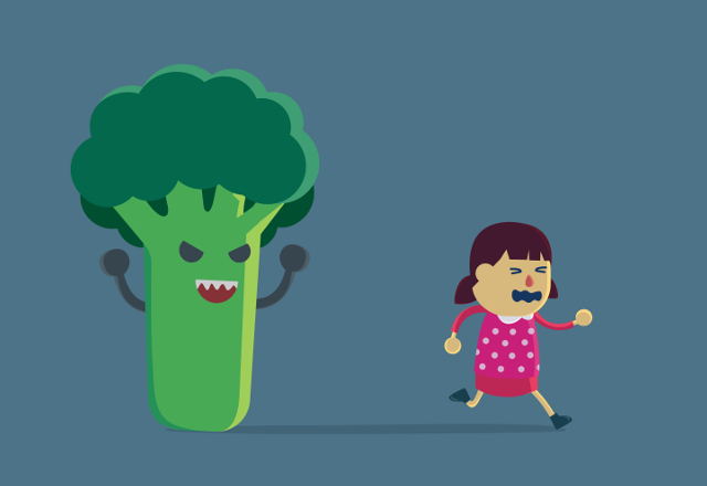 An illustration of a girl running away from a menacing-looking stalk of broccoli.