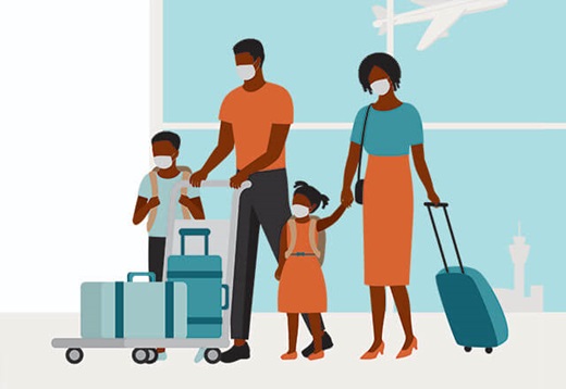 Masked family navigates through an airport