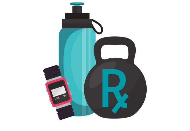 Icon illustrating fitness with fitness tracker watch, water bottle and weights.